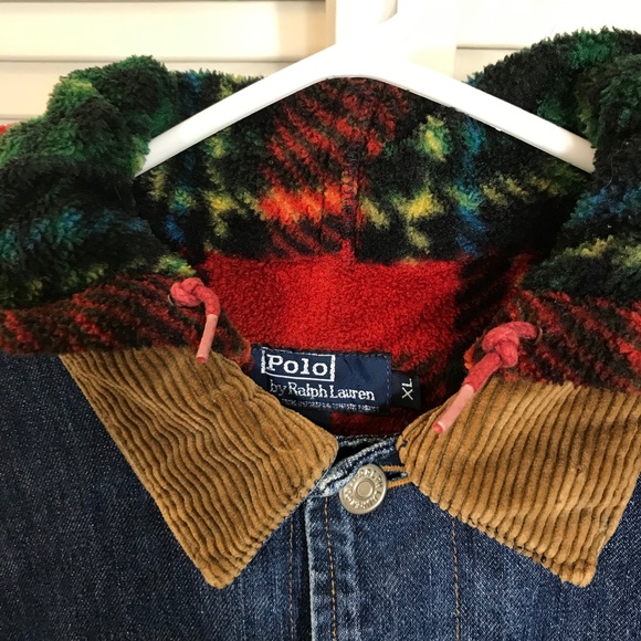 Vintage Polo Ralph Lauren Plaid Fleeced Hoodie Denim Trucker Jacket XL - Picture 2 of 14